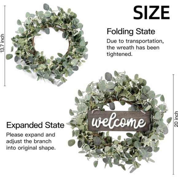 Green Eucalyptus Leaf Wreath with Welcome Sign 20in Artificial Eucalyptus Wreath - Picture 3 of 7